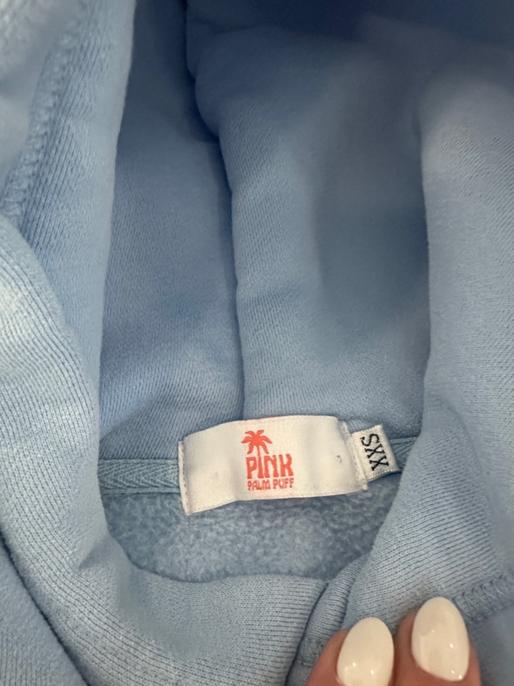 Light Blue Hoodie w Aqua Graphic "Everything Comes in Waves" Pink Palm Puff XXS - Picture 3 of 5